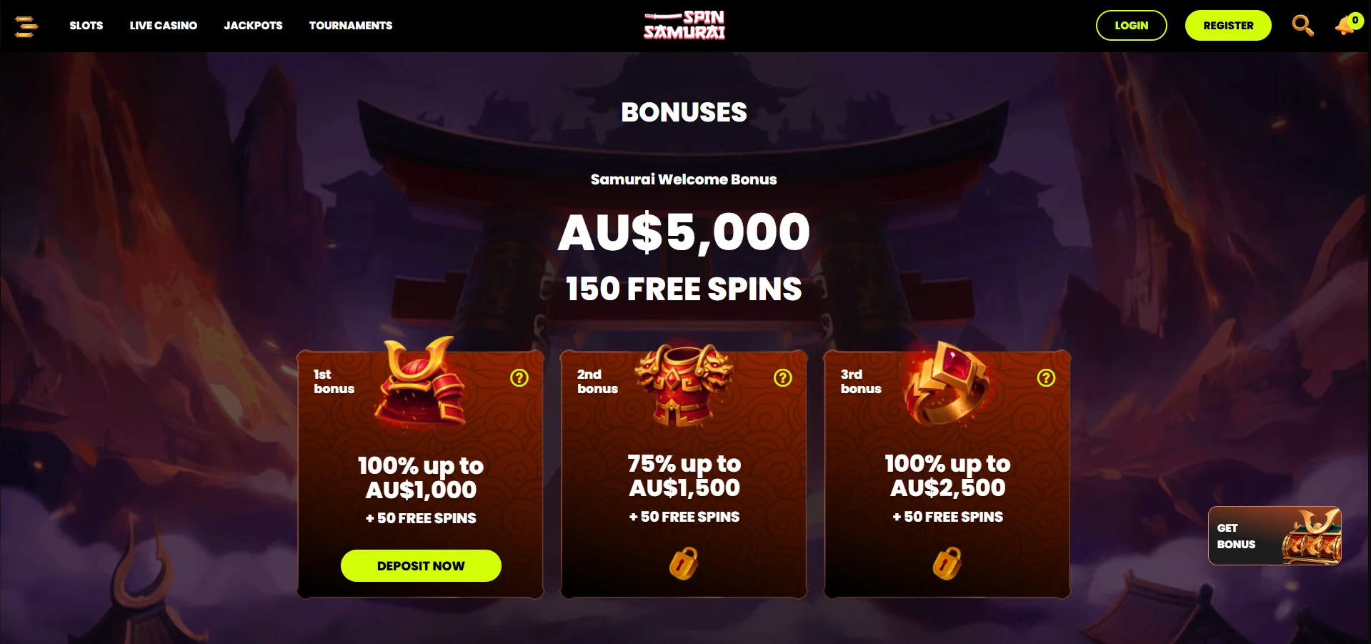 Spin Samurai bonus section on the casino site